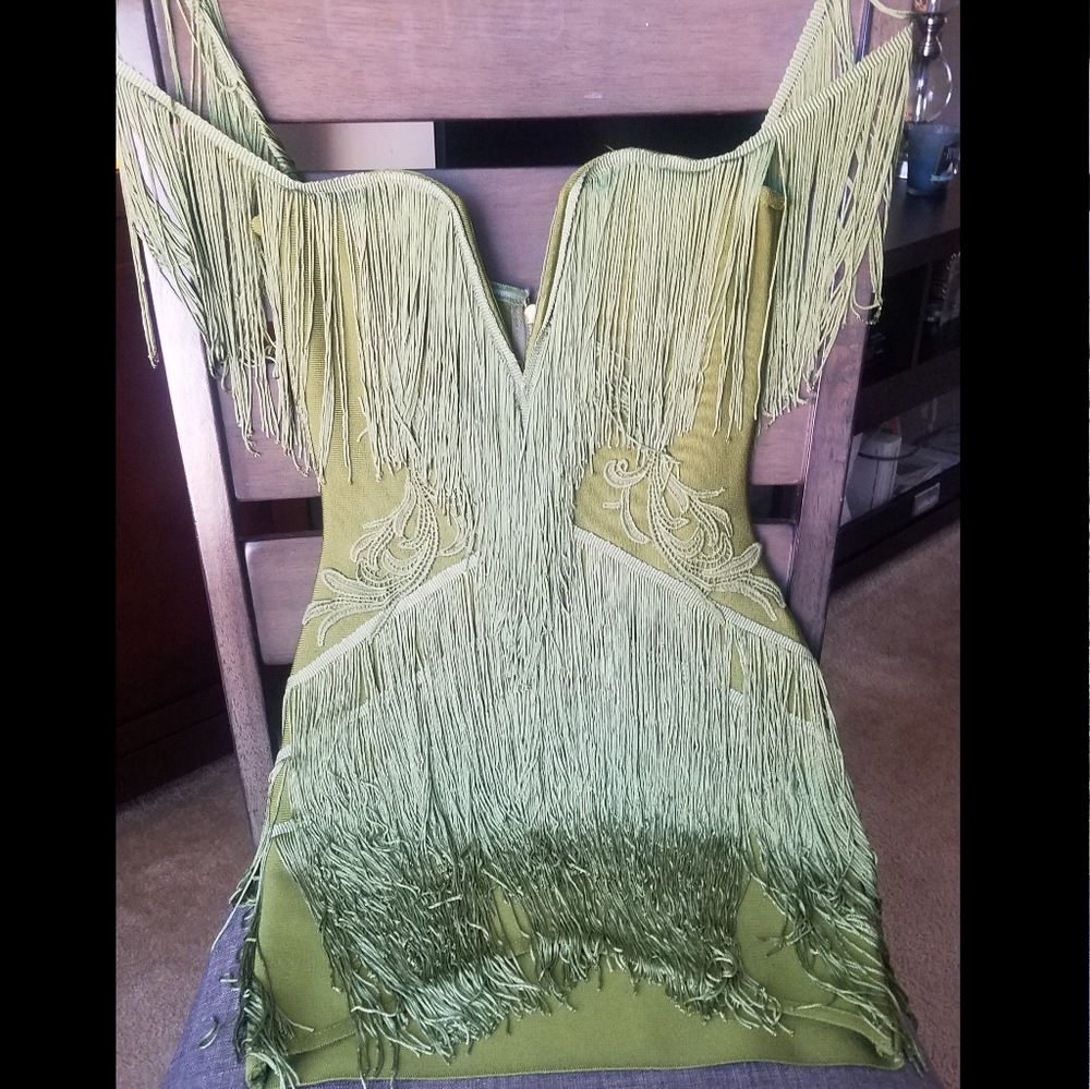 Dark-Pea Green Fringe Strapless 1920s-Esque Mini Dress!